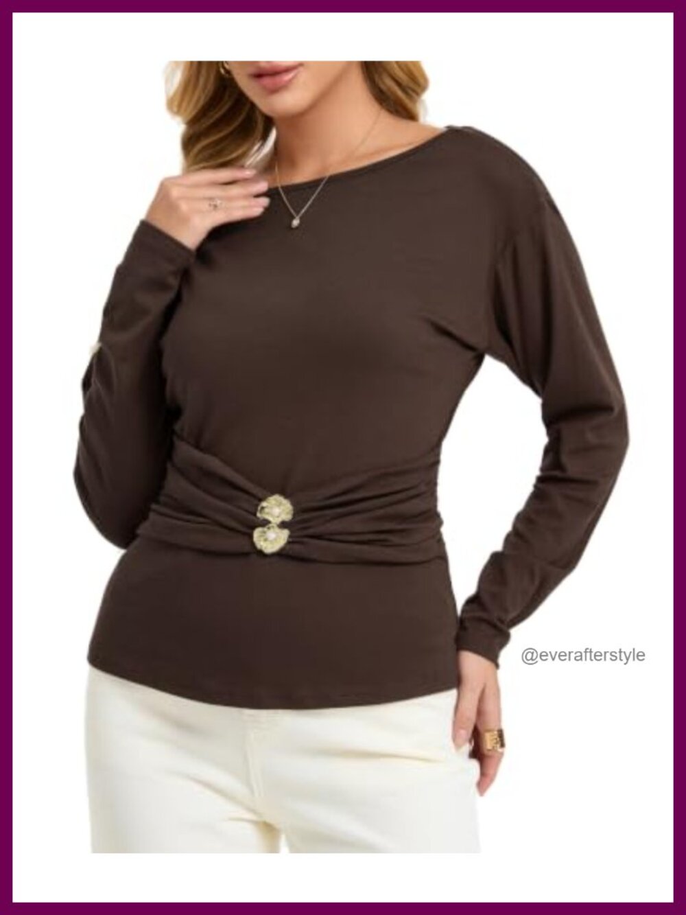 Women's Boat Neck Long Sleeve Ruched Metallic Blouse